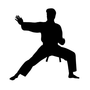 Karate dövüşünün siyah siluetleri, tek dövüşler, farklı pozlarda bir karatenin siluetleri.