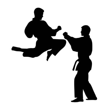Karate dövüşünün siyah siluetleri, tek dövüşler, farklı pozlarda bir karatenin siluetleri.