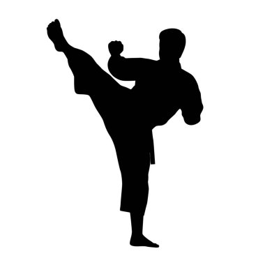 Karate dövüşünün siyah siluetleri, tek dövüşler, farklı pozlarda bir karatenin siluetleri.