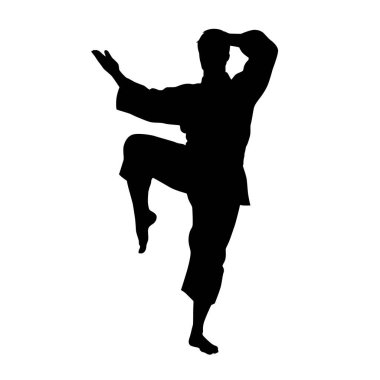 Karate dövüşünün siyah siluetleri, tek dövüşler, farklı pozlarda bir karatenin siluetleri.