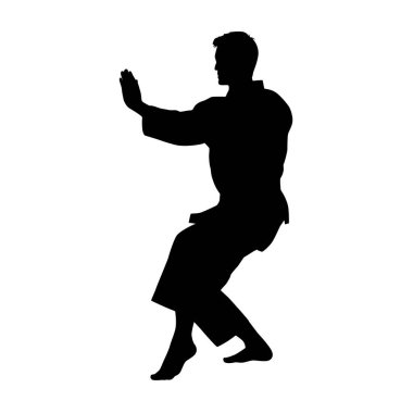 Karate dövüşünün siyah siluetleri, tek dövüşler, farklı pozlarda bir karatenin siluetleri.