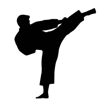 Karate dövüşünün siyah siluetleri, tek dövüşler, farklı pozlarda bir karatenin siluetleri.