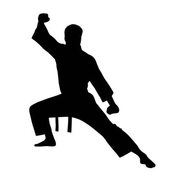 Karate dövüşünün siyah siluetleri, tek dövüşler, farklı pozlarda bir karatenin siluetleri.
