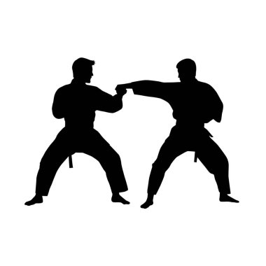 Karate dövüşünün siyah siluetleri, tek dövüşler, farklı pozlarda bir karatenin siluetleri.