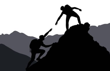 İnsan insana dağa tırmanmada yardım eder. Yardım ve yardım kavramı. Dağlara tırmanıp yardım eden iki kişinin siluetleri.