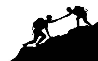 İnsan insana dağa tırmanmada yardım eder. Yardım ve yardım kavramı. Dağlara tırmanıp yardım eden iki kişinin siluetleri.