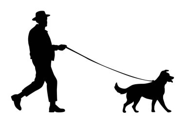 Yaşlı adam köpekle yürüyor, silueti olan adam.