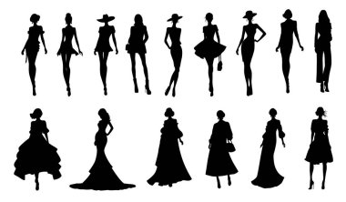 Farklı kıyafetler giyen güzel kadınlar. Kadın model, kadın, model siluet
