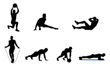 Sporty man stretching and warm-up doing special exercises for muscles, doing side plank, man stretching silhouette clipart