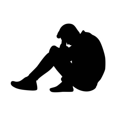 Üzgün bir adam oturur ve kafasını tutar, bir şey için endişelenir, üzgün, mutsuz ya da hayal kırıklığına uğratır yalnız ağlar.