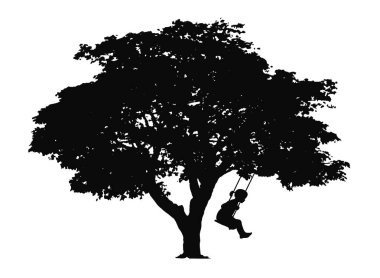 Çocuk silueti sallıyor, küçük kız sallanıyor ağaç siluetinde beyaz üzerinde