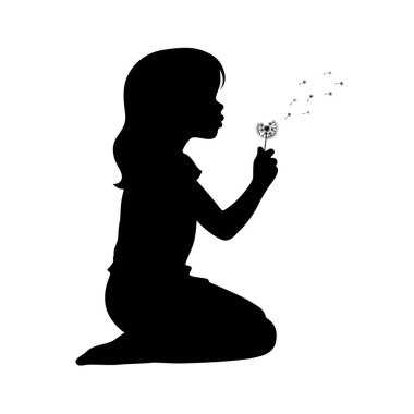 Çocuk karahindiba silueti üflüyor, küçük kız karahindiba tohumları saçıyor.