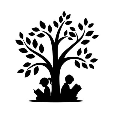 Küçük bir çocuk ve küçük bir kız ağaç siluetinin altında kitap okuyor, okumayı seviyor, çocuklar kitap okuyor.