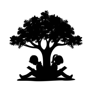 Küçük bir çocuk ve küçük bir kız ağaç siluetinin altında kitap okuyor, okumayı seviyor, çocuklar kitap okuyor.