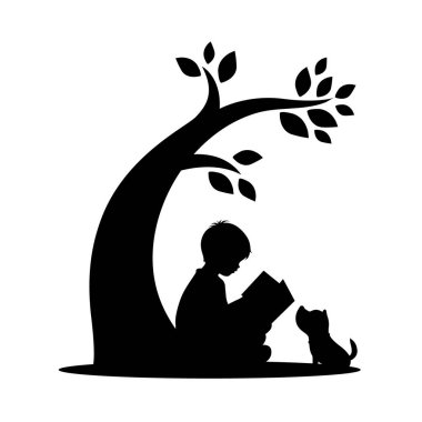 Küçük çocuk ağacın altında sevimli bir köpek siluetiyle kitap okuyor, okumayı seviyor, çocuklar kitap okuyor.