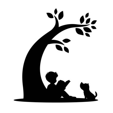 Küçük çocuk ağacın altında sevimli bir köpek siluetiyle kitap okuyor, okumayı seviyor, çocuklar kitap okuyor.