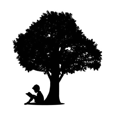 Küçük çocuk ağaç siluetinin altında kitap okuyor, okumayı seviyor, çocuklar kitap okuyor.