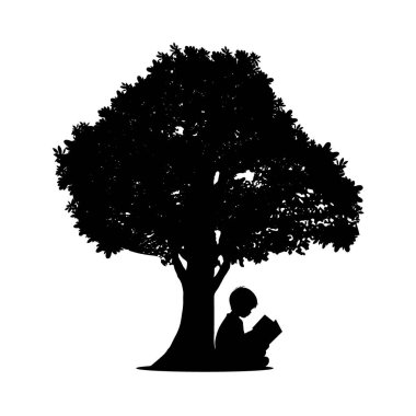 Küçük çocuk ağaç siluetinin altında kitap okuyor, okumayı seviyor, çocuklar kitap okuyor.