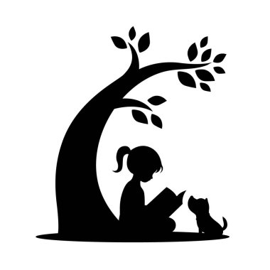 Küçük kız ağacın altında sevimli bir köpek siluetiyle kitap okuyor, okumayı seviyor, çocuklar kitap okuyor.