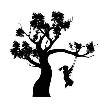 Çocuk siluetini sallıyor, küçük kız beyaz ağaçta sallanıyor.