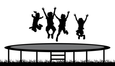 Trambolin atlayan, neşe silueti için zıplayan bir grup çocuk beyazda izole edilmiş.