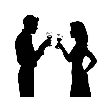 Kadın ve erkek birlikte şarap içiyorlar. İş adamları şarap vektörü silueti ile buluşup içiyorlar.