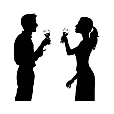 Kadın ve erkek birlikte şarap içiyorlar. İş adamları şarap vektörü silueti ile buluşup içiyorlar.