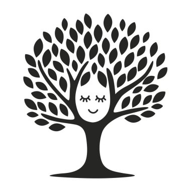 Logo, ikon, sevimli gülen yüzlü siyah ağaç, orman, doğa konsepti.