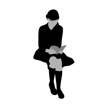 Güzel bir kadın kitap okuyor siluet, elinde kitap olan insanların siluetleri, insanlar ayakta duruyor, oturuyor ve kitap okuyor.