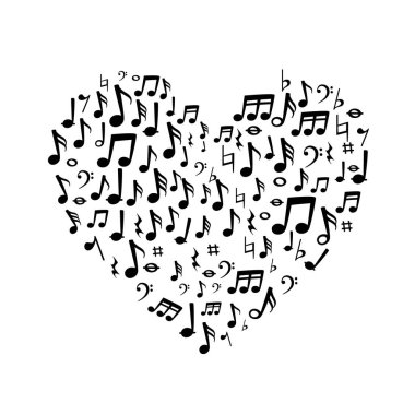 Müzik notalarıyla bir kalp şekli yaratmak, Müzik notalarının kalp şekli çizim vektörü, müzikal anahtar notaları