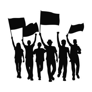 Group of people protest. Crowd of protesters people. Silhouettes of people with banners