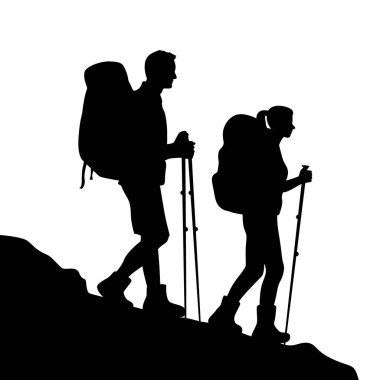 Couple climbing on mountain, man and woman climbing in the mountains silhouette, Climber couple