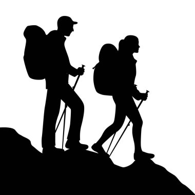Couple climbing on mountain, man and woman climbing in the mountains silhouette, Climber couple