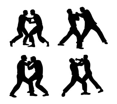 Two men fighting, people conflict problem silhouette