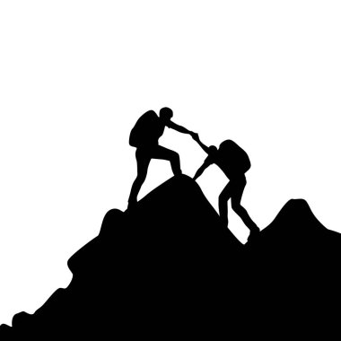 Two people climbing on mountain and helping silhouette. Help and assistance concept. Two men help each other while climbing a mountain