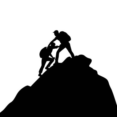 Two people climbing on mountain and helping silhouette. Help and assistance concept. Two men help each other while climbing a mountain