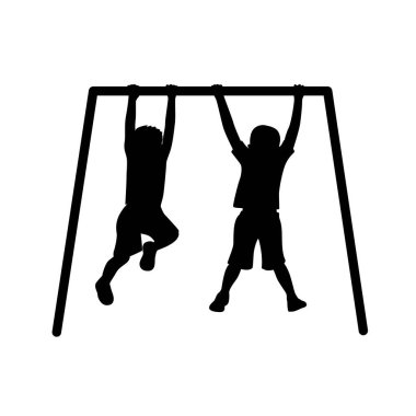 Kid riding on swing, silhouette of a male child hanging on a pole, kid workout pull up