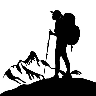 Woman climbing on mountain, mountain range and peak climbing in the mountains silhouette