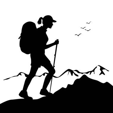 Woman climbing on mountain, mountain range and peak climbing in the mountains silhouette