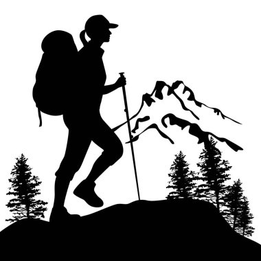 Woman climbing on mountain, mountain range and peak climbing in the mountains silhouette