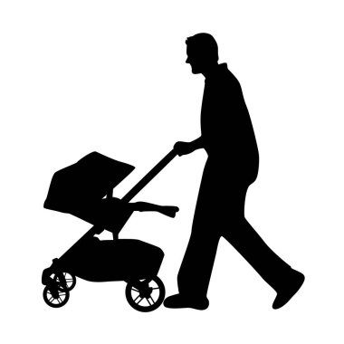 Bebek arabasının siluetinde bebekleri olan bir adam, pusetli bir adamın silueti