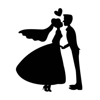 Romantik çift silueti, birbirini öpen ve el ele tutuşan çift, gelin ve damat silueti.