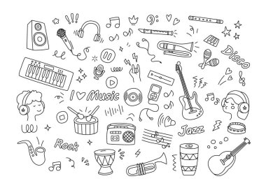 Müzik karalaması, kulaklıklar, müzik kayıtları, radyo, hoparlörler, flütler, davullar, trompetler vb.