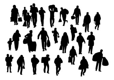 Sokak siluetinde yürüyen insanlar, yürüyen erkek kadın, göçmen konsepti aile silueti mülteci kampına gidiyor.