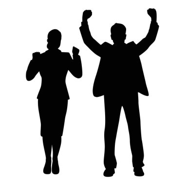 İş adamı ve kadın kutlama yapıyor, insanlar kaygısız ve heyecanlı silueti alkışlıyor