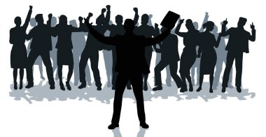 İş adamı ve kadın kutlama yapıyor, insanlar kaygısız ve heyecanlı siluet ve iş başarısı kavramını alkışlıyor.