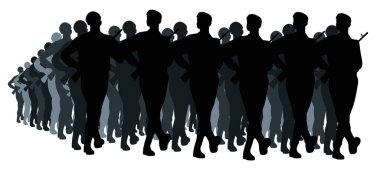 Askeri personelden oluşan bir geçit töreni, önemli bir günü kutlamak için yürüyüşe geçen orduyu gösteriyor.