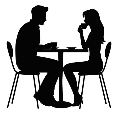 Kahve içen erkek ve kadın, kahve içen ve vektör silueti konuşan çift.