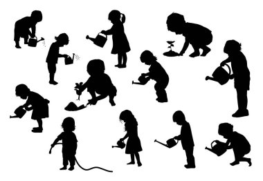 Çocuklar ağaçları suluyor ve dikiyorlar. Çocuk toplum bahçesine yardım ediyor, tohum ekiyor ve bitkilerin vektör siluetini suluyor.