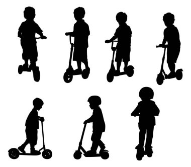 Mobiletlere binen küçük çocuk, scooter vektör silueti kullanan çocuk.